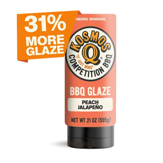 A squeeze bottle of Peach Jalapeno BBQ Glaze with a graphic noting 31% more product.