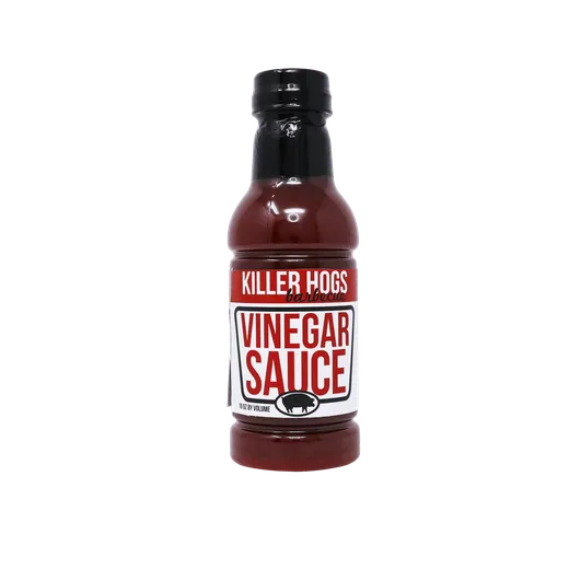 A front-facing view of a Killer Hogs Vinegar Sauce bottle.