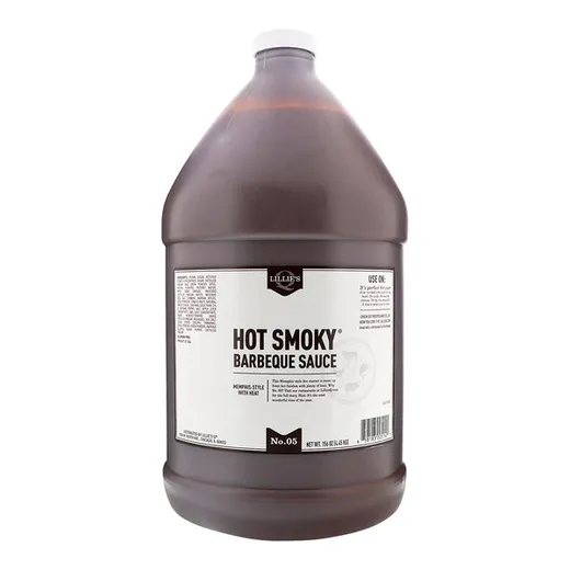 A large gallon plastic jug of Lillie's Q Hot Smoky Barbeque Sauce centered against a white background.