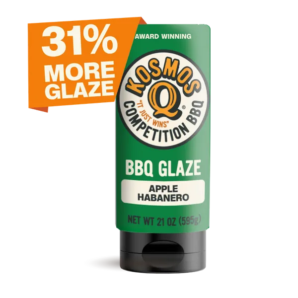 A bottle of Apple Habanero BBQ glaze with a promotional tag stating 31% more glaze.