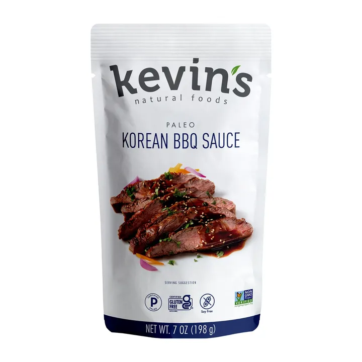 A pouch of Kevin's Natural Foods Korean BBQ Sauce on a white background.