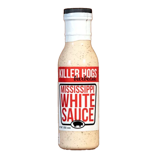 A front-facing view of a bottle of Killer Hogs Mississippi White Sauce.