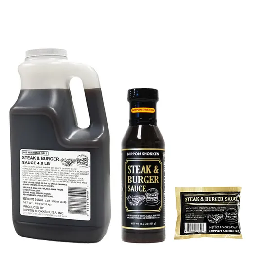 A product family photo showing a sauce jug, retail bottle, and packet.