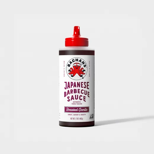 A bottle of Bachan's Japanese Barbecue Sauce in Roasted Garlic flavor on a white background.