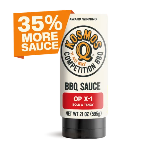 A bottle of BBQ sauce with a promotional graphic indicating 35% more product.