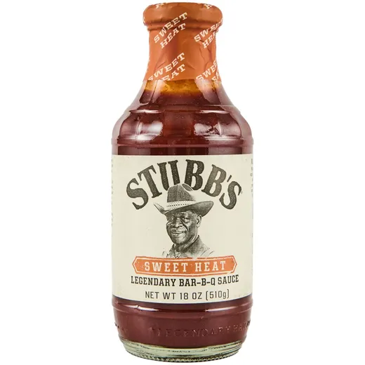 A bottle of Stubb's Sweet Heat BBQ sauce stands on a white background.