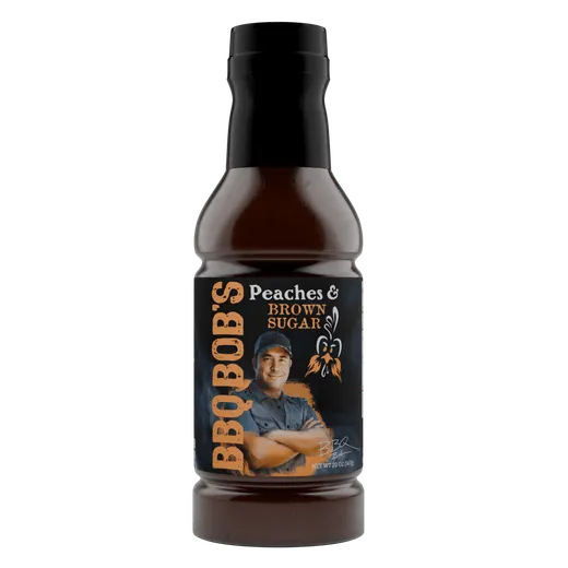 A full bottle of BBQ Bob's Peaches & Brown Sugar sauce on a white background.