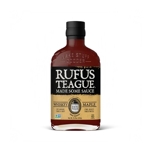 A front view of the Rufus Teague BBQ sauce bottle.