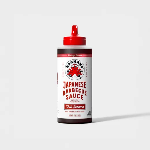 A studio shot of Bachan's Japanese Barbecue Sauce in Chili Sesame flavor against a light background.