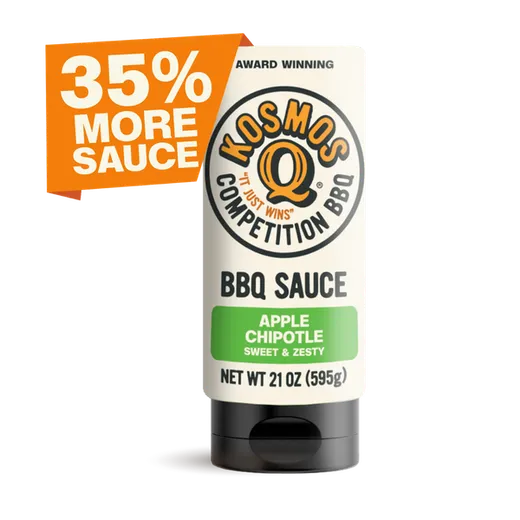 A bottle of Kosmos Q BBQ sauce with a promotional 35% more sauce banner.