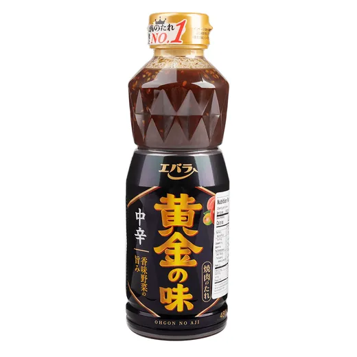 A front view of the black Ebara barbecue sauce bottle.