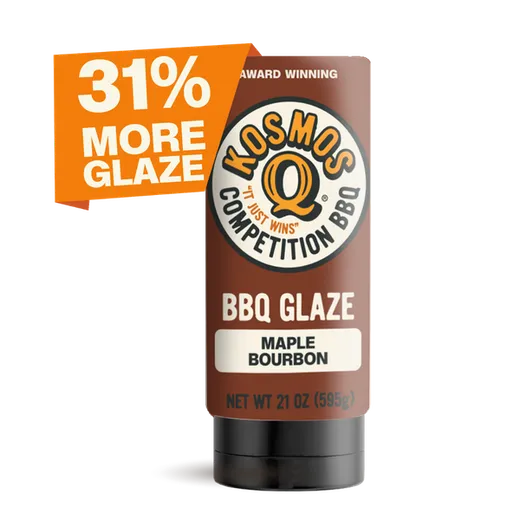 The Kosmos Q Maple Bourbon BBQ Glaze bottle with a 31% more glaze promotional banner.