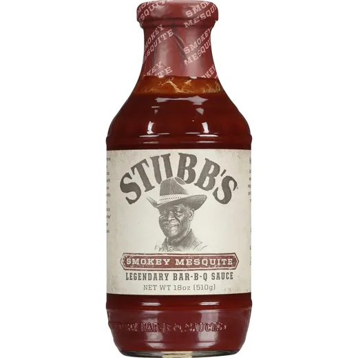 A bottle of Stubb's Smokey Mesquite BBQ sauce.