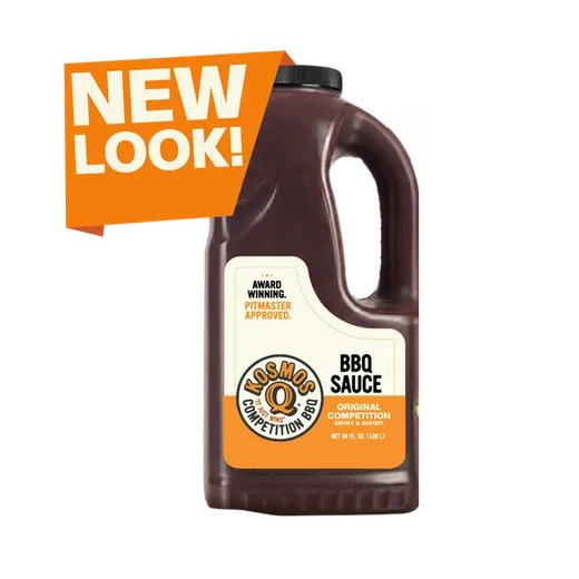 A sauce bottle with a orange banner announcing a new look.