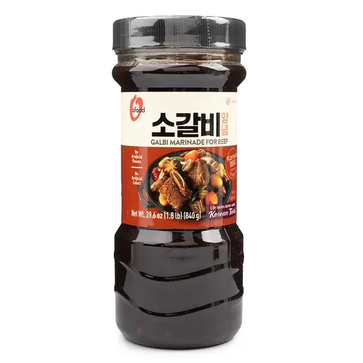 A full bottle of O'Food Galbi Marinade for beef shown against a plain white background.