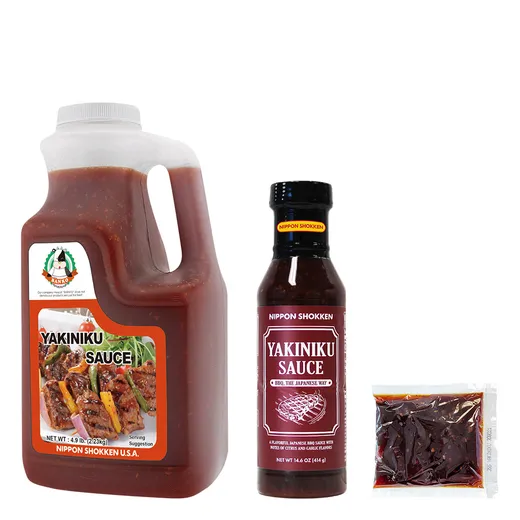 A lineup of Yakiniku Sauce product sizes.