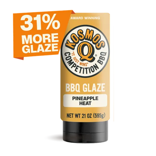 Product shot of a 21oz bottle of pineapple heat BBQ glaze.