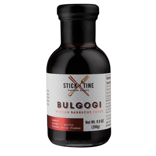 A front view of the Stick & Tine Bulgogi Korean Barbecue Sauce bottle.