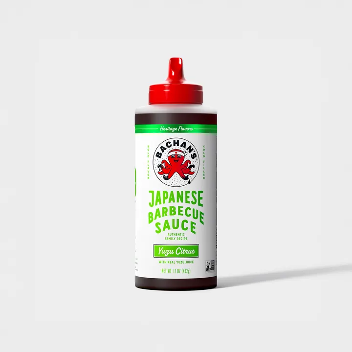 A studio shot of a bottle of Bachan's Japanese Barbecue Sauce in Yuzu Citrus flavor.