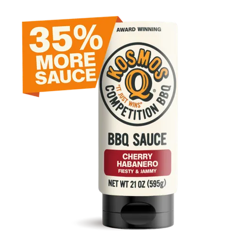 A bottle of Cherry Habanero BBQ sauce with a promotional tag.