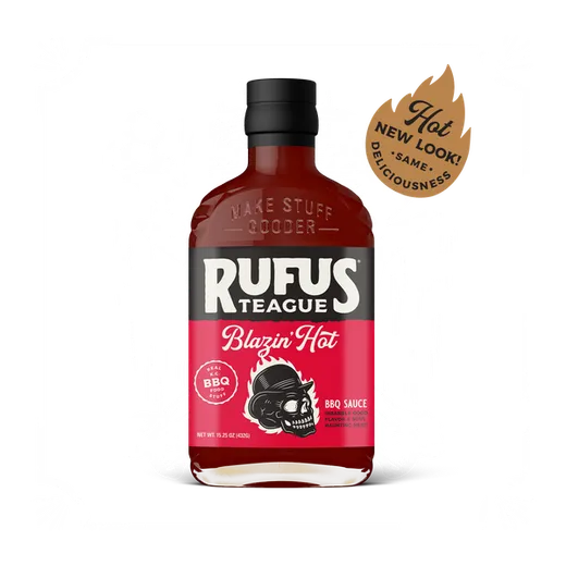 A front-facing view of a bottle of Rufus Teague Blazin' Hot BBQ sauce.