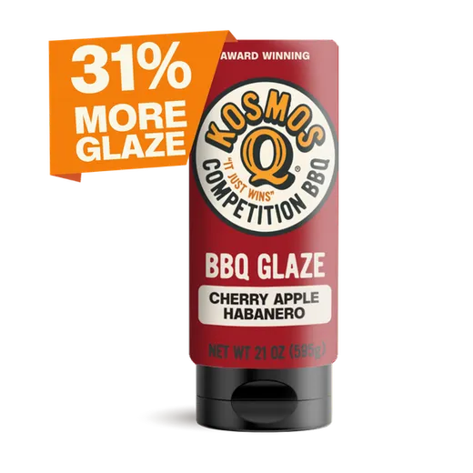 A squeeze bottle of Kosmos Q BBQ glaze with a promotional 31% more glaze flag.