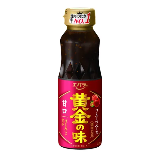 A front-facing professional studio shot of an Ebara Gold Taste BBQ sauce bottle on a white background.
