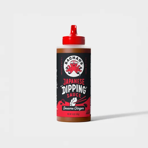 A clean shot of a bottle of Bachan's Japanese dipping sauce against a plain grey background.