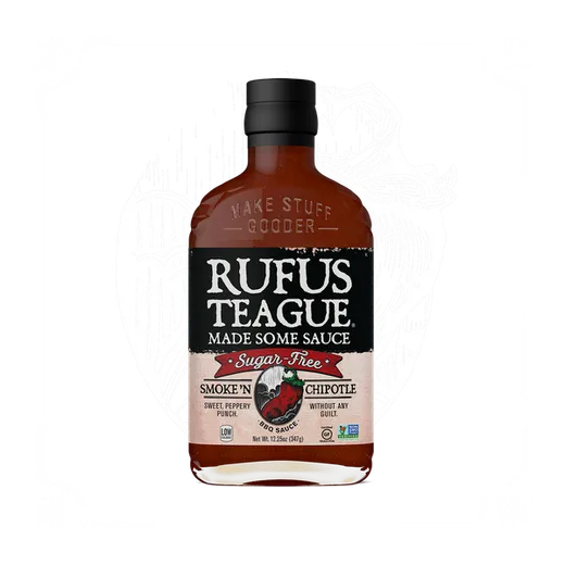 A front-facing view of a bottle of Rufus Teague Sugar-Free Smoke 'n Chipotle BBQ sauce.
