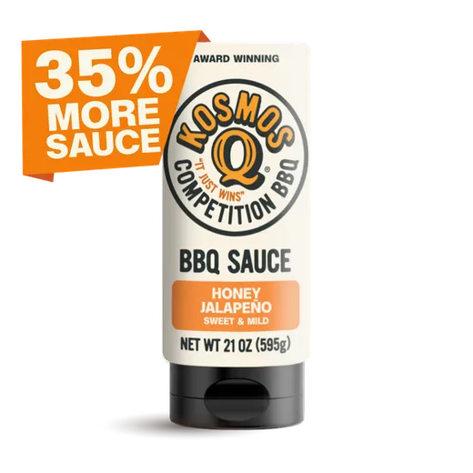The Honey Jalapeno BBQ sauce bottle with a 35% more sauce announcement overlay.