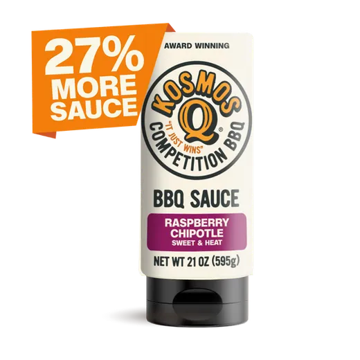 A bottle of Kosmos Q Raspberry Chipotle BBQ sauce with a promotional 27% more sauce banner.