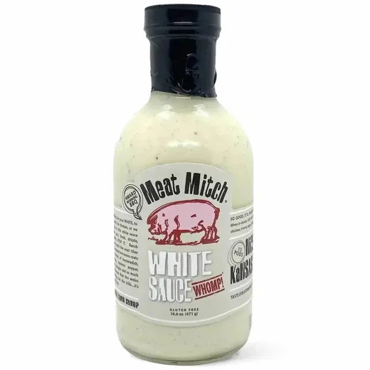 A full bottle of Meat Mitch White Sauce displayed against a white background.