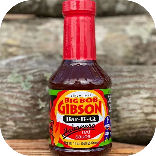 A close-up view of a Big Bob Gibson Habanero red sauce bottle.